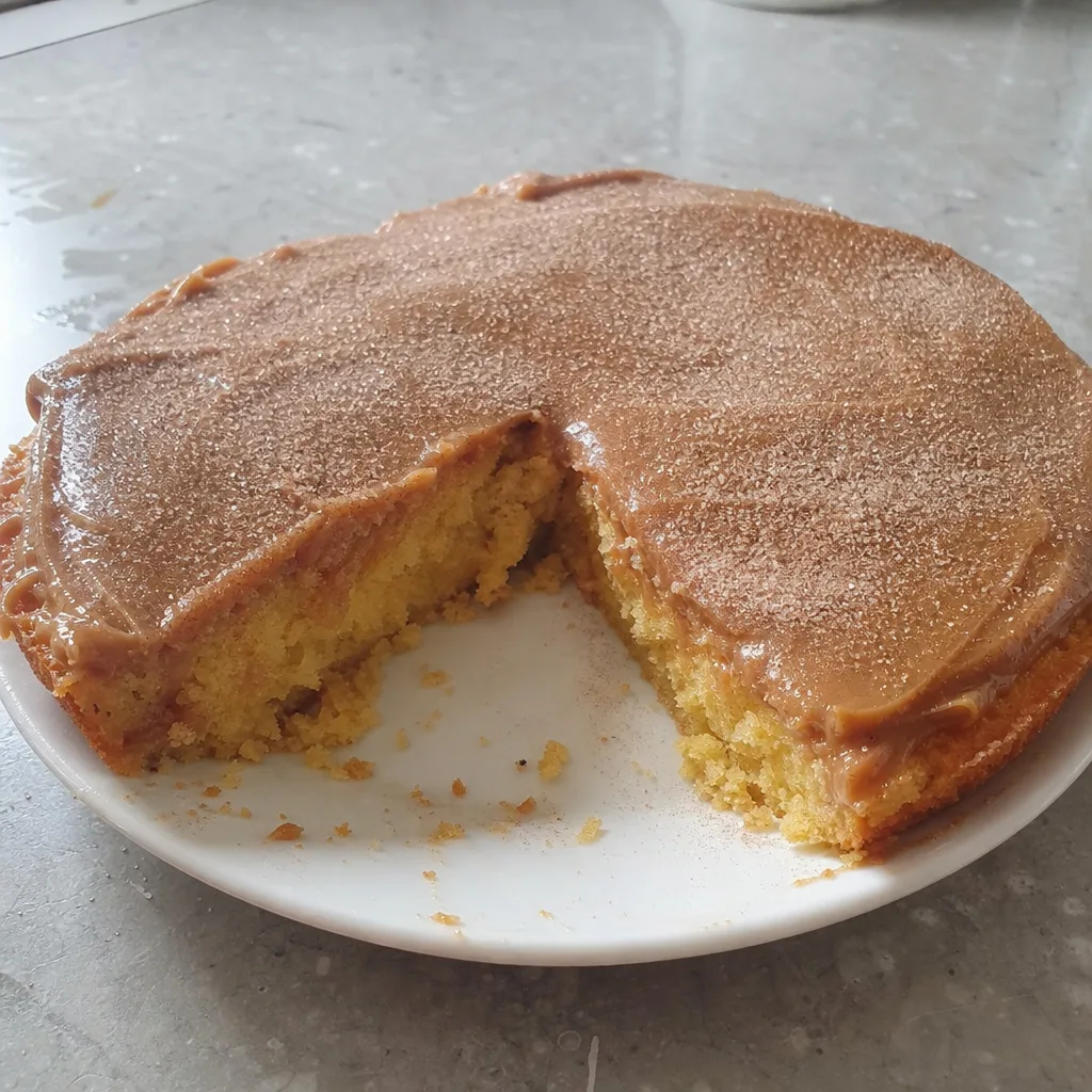 Bolo de churros fatiado, coberto com doce de leite e polvilhado com açúcar e canela