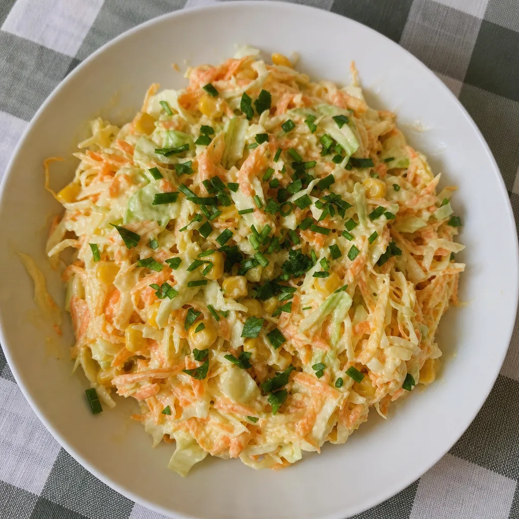 Tigela de salada cremosa com cenoura ralada, repolho fatiado e milho, salpicada com cheiro-verde