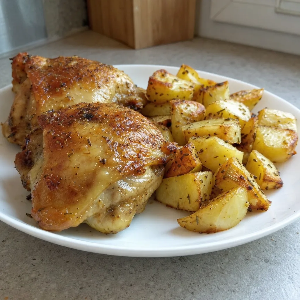 Sobrecoxas de frango douradas com pele crocante e batatas assadas ao alecrim em um prato